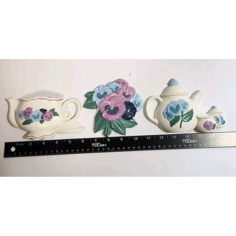 Vintage 1995 Burwood Floral Teapots & Bouquet 3 pc Wall Art Hanging Decor Set